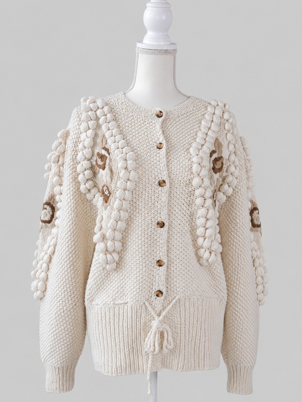 Vintage Silk Cardigan, Knit Cozy Sweater, Oversized, Embroidered, Popcorn